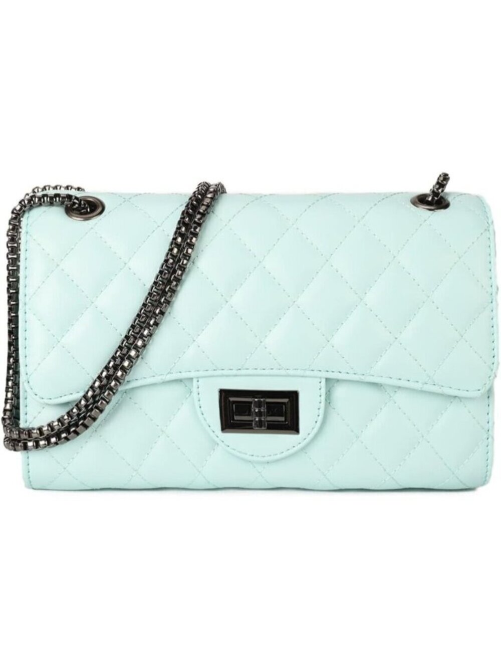 Women Light BluePU Quilted Stylish Crossbody Bag with Chain Strap & Flap Closure